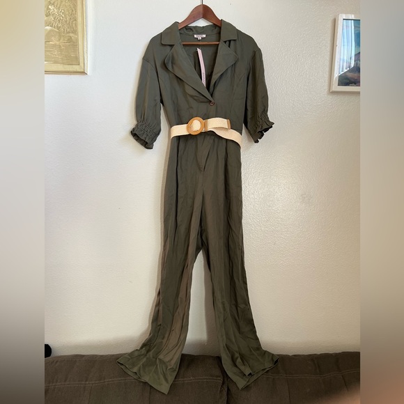 Badgley Mischka tweed collection. Olive green biscuit belted jumper. Size Small - Picture 4 of 11